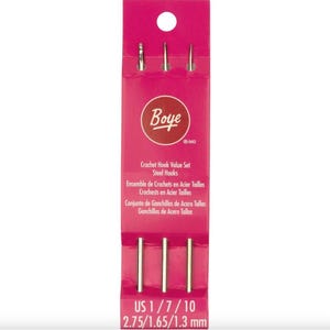 3pc BOYE Steel Crochet Hook Set. Sizes US 1/7/10 (2,75/1,65/1,3 mm)