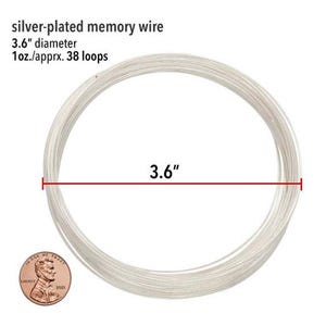 May include: Silver-plated memory wire, 3.6" diameter, with approximately 38 loops. The image includes a penny for size comparison. Text on the image reads "silver-plated memory wire", "3.6" diameter", and "1oz./apprx. 38 loops".