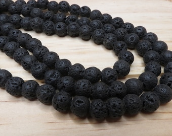 Natural Lava Rock Bead Strand, Round, 8mm, Black