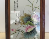 Vintage Chinese 4 Finely Hand Painted Porcelain 9.5 quot x 12-3 4 quot Panels Mounted in Hardwood Frames.