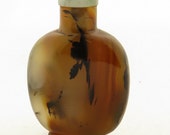 Antique 19th Century Chinese Hand Carved Brown Agate Snuff Bottle w Jadeite Top.