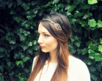 Marriage headband “Luce” metal, chain sheets and pearls unbleached