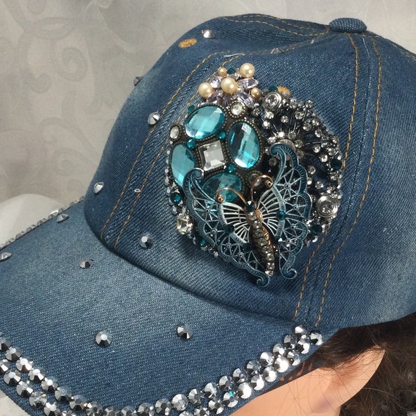 DEMIN HAT/ Bling Hat/ Vintage Jewelry Hat/ Spring Hat/ Baseball Cap/ Rhinestone Hat/ Bling Fashion/ Fashion Hat/ Blue Hat/ Shabby Chic Hat