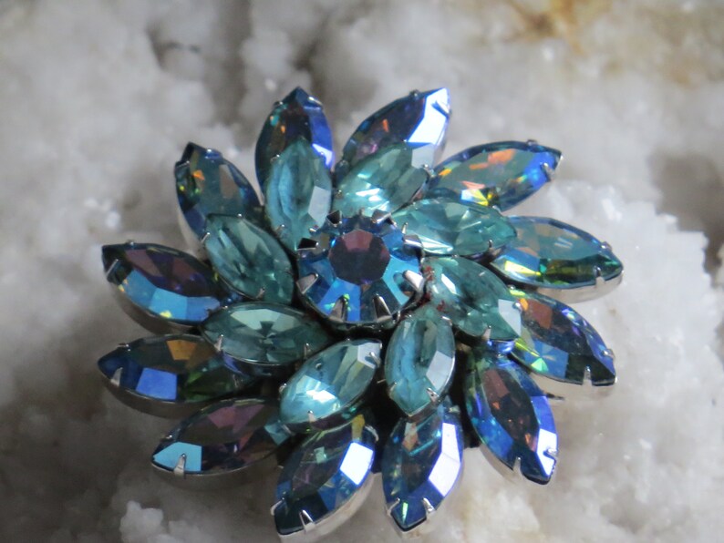 RHINESTONE BROOCH Vintage Brooch Teal Baby Blue Rhinestones Flowers Wiess Bridal Jewelry Signed Vintage Jewelry Signed Weiss Brooch