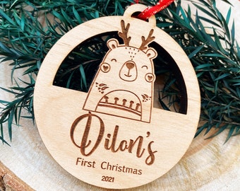 Wood Baby's First Christmas Ornament 2023 - Personalized  Baby Keepsake Ornament - New Baby Gift - Animal Custom Engraved Baby Ornament