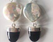 Coin Pearl Black Tourmaline Dangle Earrings in Sterling Silver.
