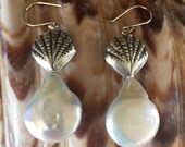 Dangle Earrings Sterling Silver Sea Shells Freshwater Coin Pearls. Silver Earwires