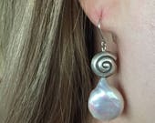 Sterling Silver Dangle Earrings Snail Shell White Coin Pearls