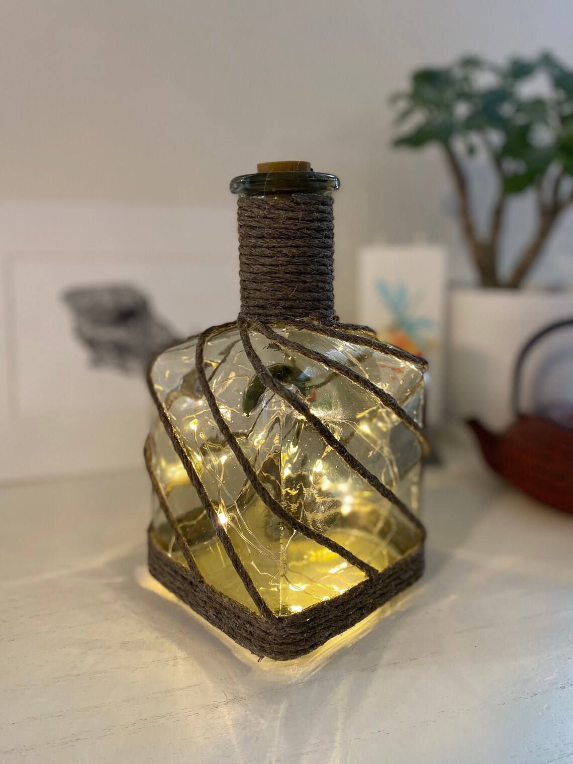 Tequila Bottle Lights, Twine Wrapped Vase, Upcycled Liquor Bottle, Wedding Centerpiece, Accent