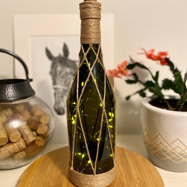 Lighted wine bottle, Upcycled bottle, Twine hemp wrapped vase, Mantle decor, Accent piece, Home decoration, Wedding centerpiece