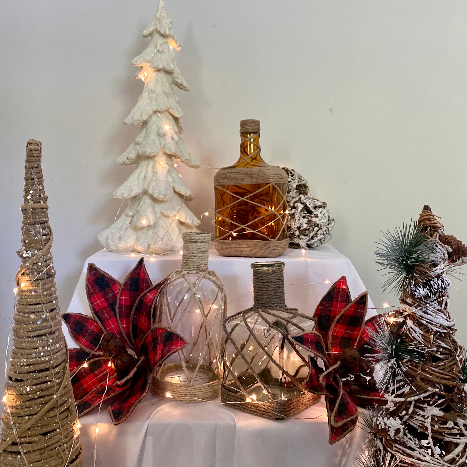 Tequila Bottle Lights, Twine Wrapped Vase, Upcycled Liquor Bottle, Wedding Centerpiece, Accent