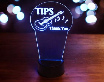 Glowing TIPS Sign- Use your container and use our LED sign. 10&quot; Tall- &quot;Acoustic Guitar&quot; design - Neon Sign