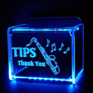 LED Glowing Tip Box- Saxophone Design for Musicians!  Tip Jar -LED Tip Jar -Light up tip Jar -Ballot Box- Card Box- Musician Tip Jar