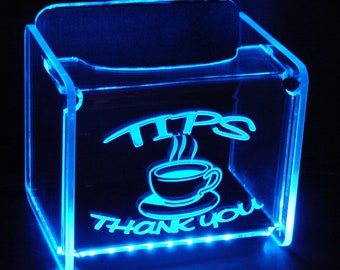 LED Glowing Tip Box-Classic Coffee Design for Baristas!  Tip Jar -LED Tip Jar -Light up tip Jar -Ballot Box- Card Box- Coffee Shop Tip Jar