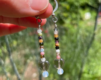 Beaded dangle earrings / Mixed tourmaline + hearts