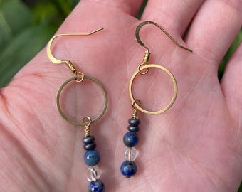 Beaded stone dangle earrings / Blue hoops