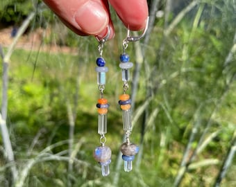 Beaded stone dangle earrings / Blue orange