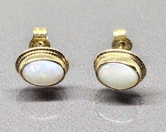 Pendientes vintage de ópalo con bisel ovalado, pendientes de oro macizo 375, oro amarillo de 9 quilates, YG046