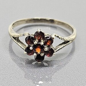 Könnte beinhalten: Ein silberner Ring mit einem Blumenmuster, besetzt mit dunkelroten Edelsteinen. Die Edelsteine sind zu einer Blütenform angeordnet. Der Ring hat ein schmales Band mit einem filigranen Muster auf beiden Seiten der Blütenfassung.