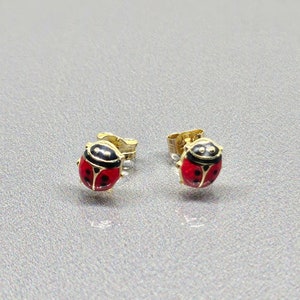 Dainty Ladybug Enamel Stud Solid Gold Earrings with Butterfly Backs 375 Yellow Gold 9ct YG026
