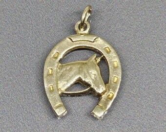 14K Solid Yellow Gold Horse Head & Lucky Horseshoe Pendant Necklace - Animal Lover Jewelry - View #5