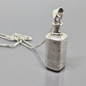 Vintage Etched Perfume Pendant With Applicator Tube Bottle Pendant Ashes Urn Pendant 925 Sterling Silver SV088