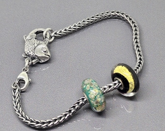 Trollbeads Bracelet Wheat Chain 16cm Big Fish Lock Glass Bead Charms Handmade Fish Fastening Lock 925 Sterling Silver SL007A-D