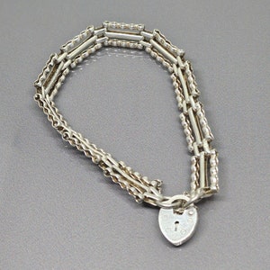 Vintage 3 Bar Padlock Verschluss Fancy Link Armband mit Sicherheitskette 925 Sterling Silber SS005