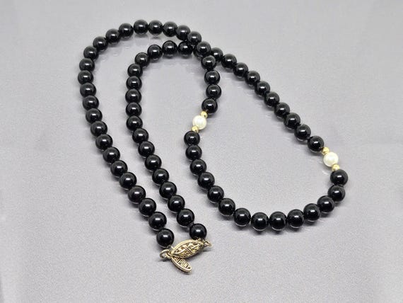 goen ネックレス　onyx black pearl chain Vintage 14K Clasp DUPONT Onyx Pearls and Gold Bead Necklace 584