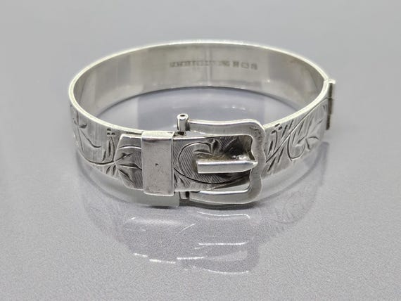 Vintage 1978 English Silver Buckle Bracelet Cuff Floral Buckle