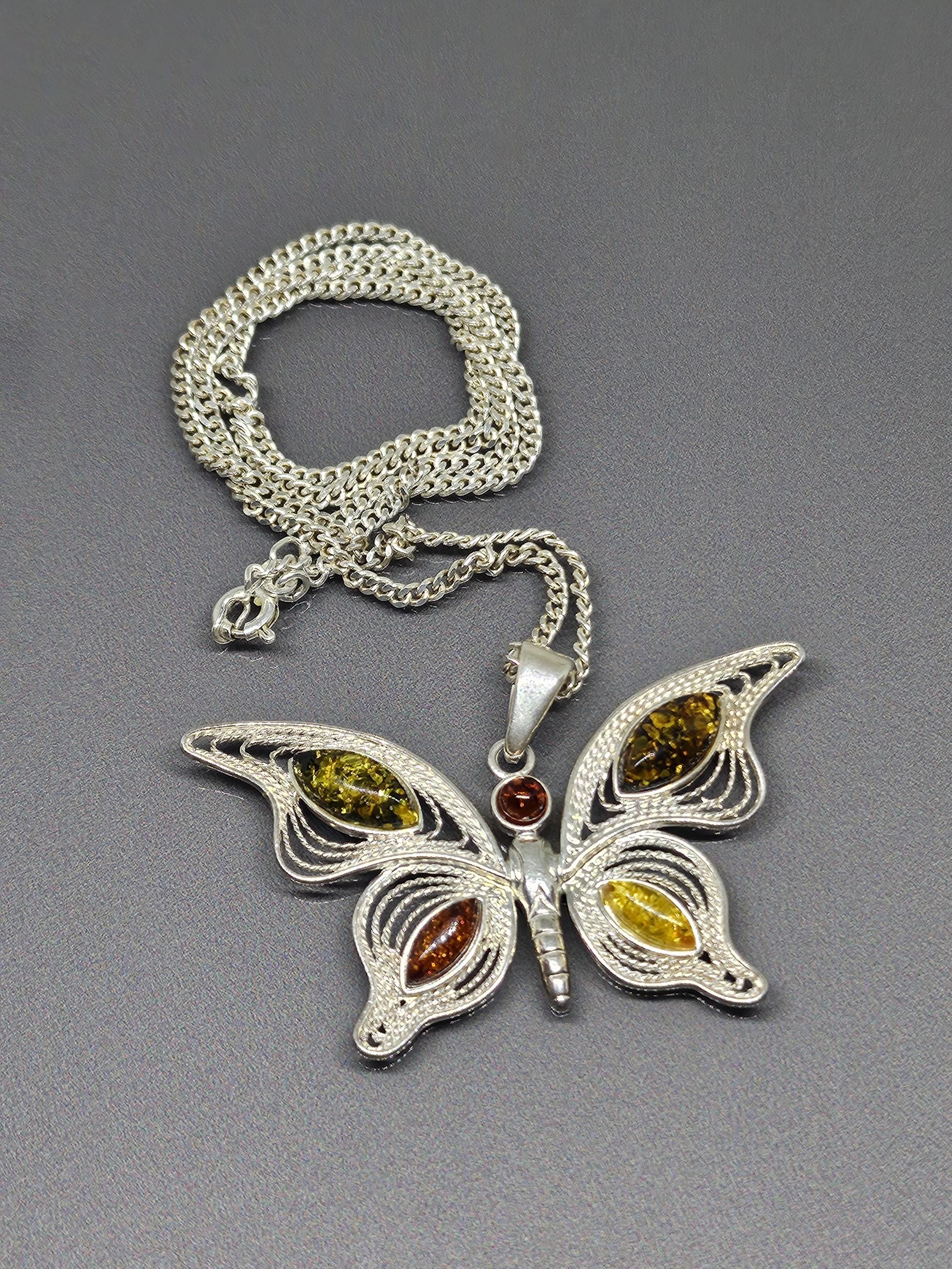 Filigree Butterfly Pendant Amber Cabochon, Bug Pendant on
