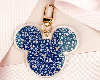 Bag Charm - Acrylic Preppy Navy & Pink Floral Mouse Head, gold hardware
