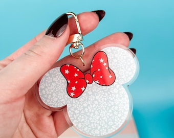 Mouse Head Bag Charm | Acrylic Keychain, Red, white, blue floral pattern