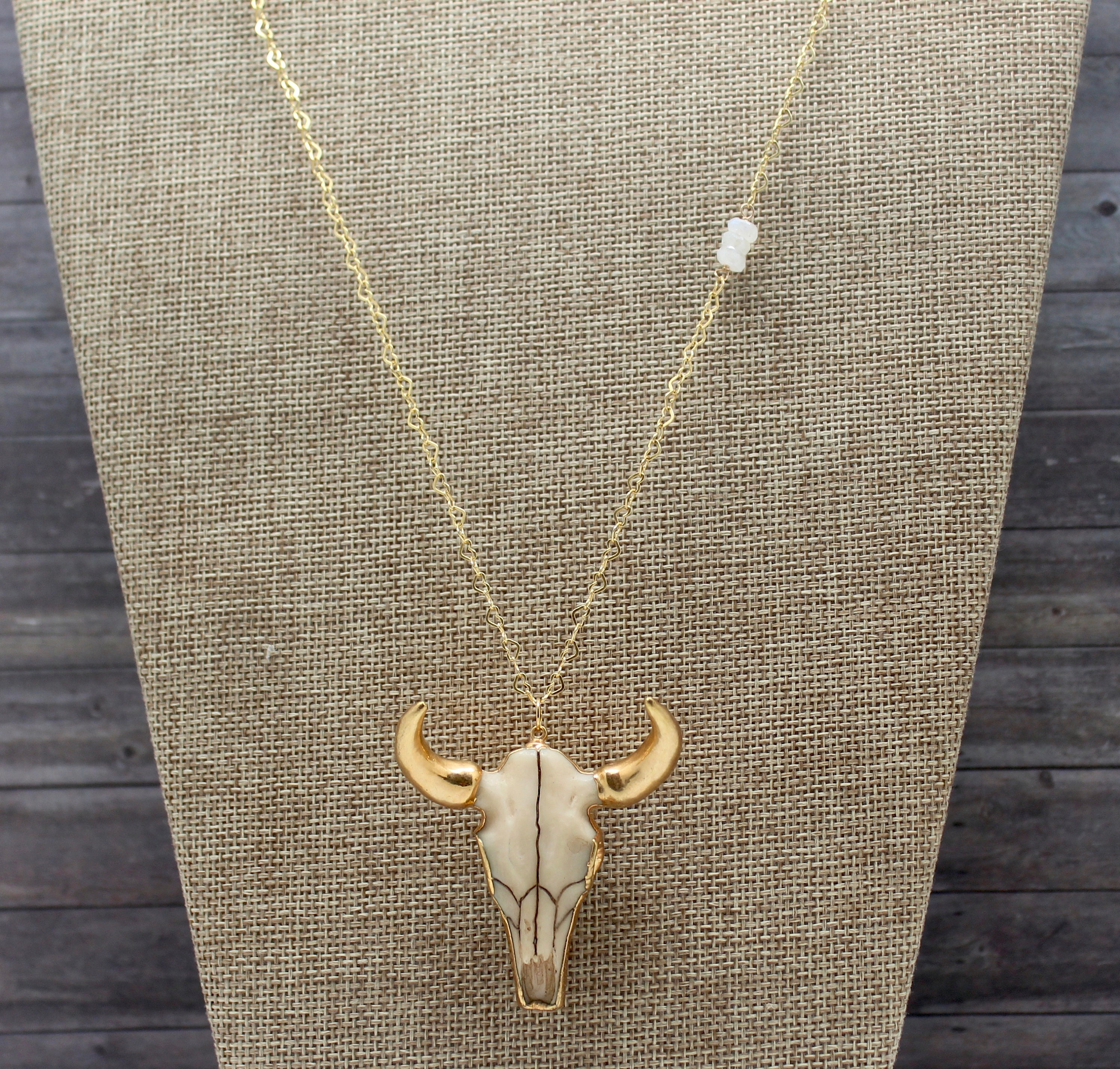 14K Goldfill Long Cow Skull Necklace