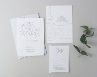 Letterpress Wedding Invitation Suite (Main Invite, RSVP and Map) (SAMPLE) - Elizabeth Design