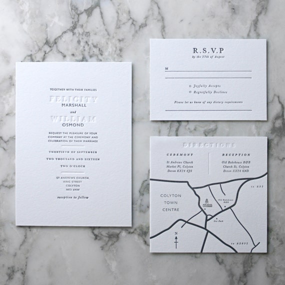 Letterpress Wedding Invitation Suite Main Invite and Envelopes 50 Pieces
