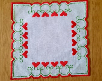 Swedish embroidered tablecloth/mat with red hearts
