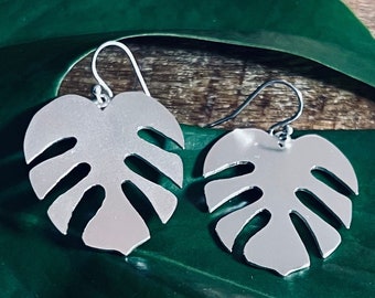 XL Monstera Plant Dangle Earrings in Sterling Silver