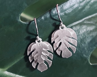 Double Monstera Plant Dangle Earrings in Sterling Silver