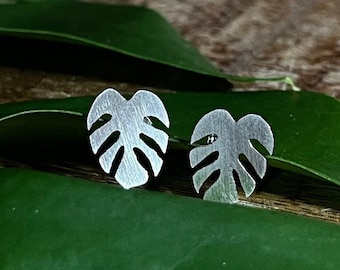 Monstera Plant Earring Studs in Sterling Silver