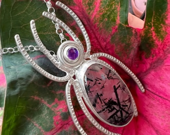 Spider Pendant with Rutilated Quartz and Amethyst in Solid Sterling Silver, Chain Optional