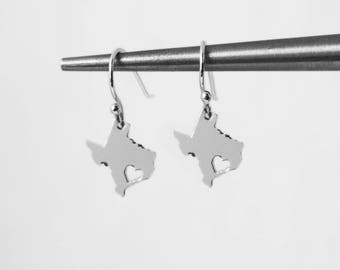 Texas Dangle Earrings with Heart in Sterling Silver