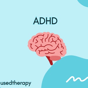 May include: A pink brain with red lines on a light blue background with white and blue wavy lines. The text "ADHD" is above the brain. The text "@Letsgetfocusedtherapy" is at the bottom of the image.