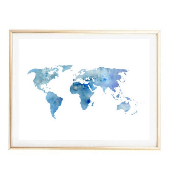 Blue World Map Painting Map Art Print Room Decor Typographic Etsy