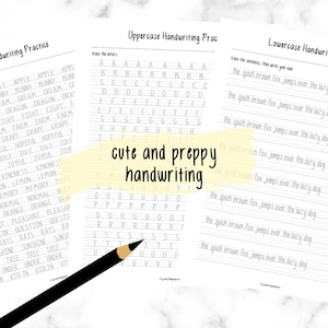 Cute and Preppy Handwriting Worksheets, 10 Pages, College Notes, High School, Adults, PDF file Hand lettering Alphabet ABC Letter Tracing