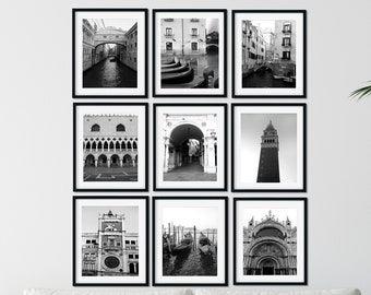 Venice Italy Wall Art Prints, Black and White Photography, Gallery Wall Set, 5x7 8x10 11x14 Art Prints, Travel Decor, Set of 9 Prints