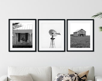 Black and White Farmhouse Prints, Farm Print, Set of 3 Prints, Farmhouse Decor Farm Wall Art Farm Photography Wall Art Decor Canvas Wall Art