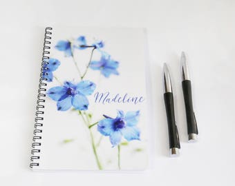 Personalized Notebook, Name Notebook, Spiral Notebook Lined Notebook Blue Flower Journal Personalized Gift for Women Blank Notebook