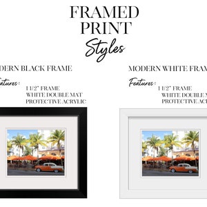 May include: Two framed prints of a vintage car parked in front of a building with palm trees. The frames are 1 1/2 inches wide and have a white double mount. The print on the left is in a black frame, and the print on the right is in a white frame. Both prints have protective acrylic.