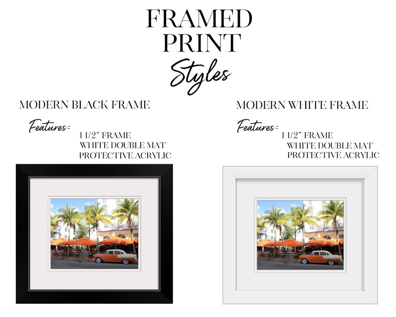 May include: Two framed prints of a vintage car parked in front of a building with palm trees. The frames are 1 1/2 inches wide and have a white double mount. The print on the left is in a black frame, and the print on the right is in a white frame. Both prints have protective acrylic.